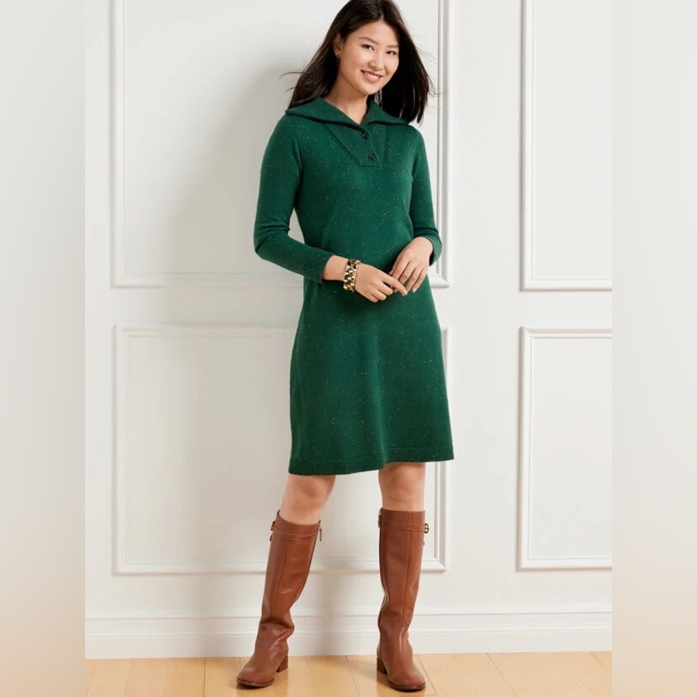 Talbots Johnny Collar Sweater Dress Green Forest SZ M Modern Classic Countryside